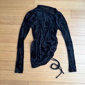 Black floral velvet burnout mesh long sleeve side ruched top